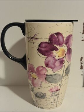 Cypress Home 17 Oz Ceramic Coffee Mug Floral Dragonfly Travel w/Lid